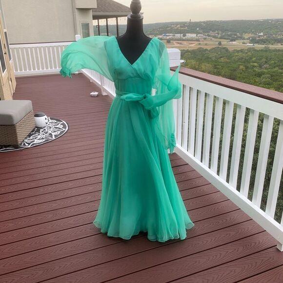 Vintage Green Pleated Chiffon Maxi Dress - Picture 4 of 15